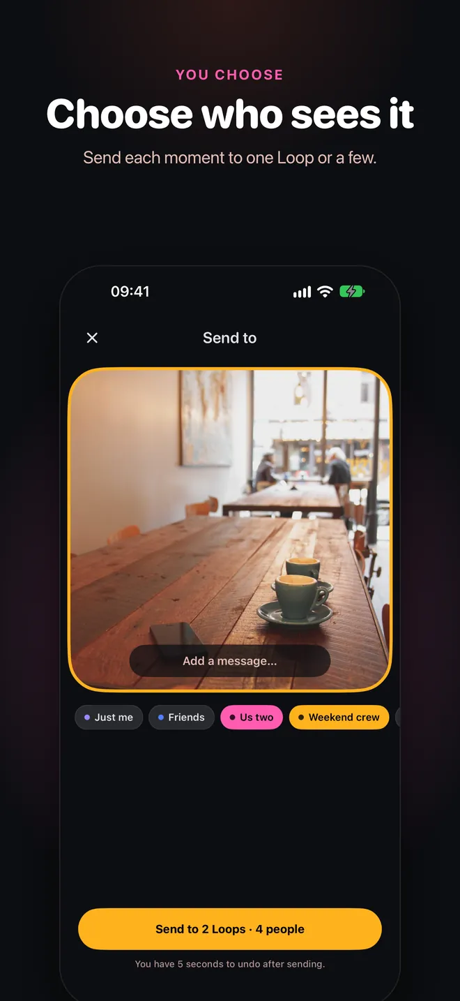 Choose who sees it: the Send to screen with Loop chips to pick one Loop or a few.