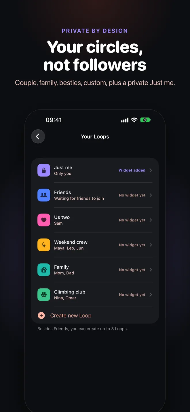 Your circles, not followers: the list of Loops, including Couple, Family, Besties, custom Loops and a private Just me.