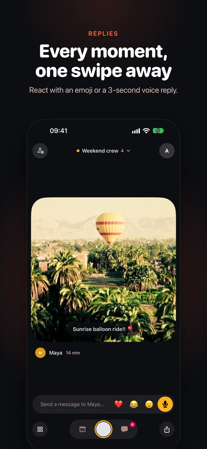Every moment, one swipe away: a Loop’s photo with emoji reactions and a 3-second voice reply button.